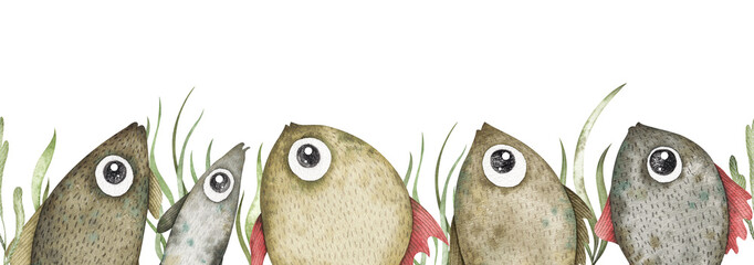 Watercolor seamless border with cute cartoon fish and seaweeds. Repeatable frame with vintage underwater life