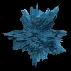 Abstract distorted strange shape. Explosion of spheres. Dynamical scene with blue ice asteroid. 3D render illustration.