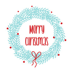 Obraz premium Christmas New Year's wreath of blue Christmas tree branches with red balls flat style and the inscription Merry Christmas on a white background. Vector illustration.