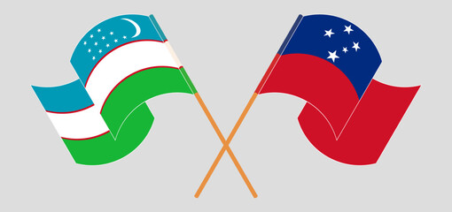 Crossed and waving flags of Uzbekistan and Samoa