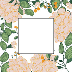 Floral template for invitation,advertisement,announcement.Vintage floral card with hydrangea leaves,berries and bunches.Vector illustration in gentle pastel shades