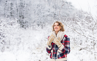 this winter holiday is perfect. time for vacation relax. best place to feel freedom. woman enjoy winter landscape of snowy forest. female winter fashion. my favorite season. happy weather