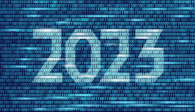 2023 New Year 3D on binary code program. Blue coding screen number illustration. Celebration decoration steel silver chrome poster greeting card vector