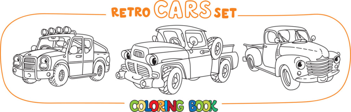 Funny small retro pickup truck cars coloring book
