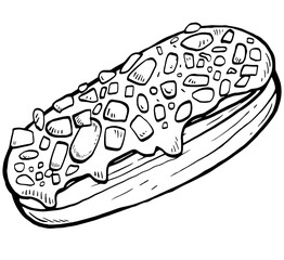 cute doodle hand-drawn line art  with no background of   chocolate nut eclair