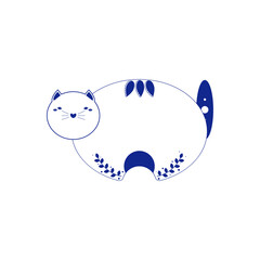 Cat vector illustration. Blue porcelain. Hand drawing. Winter character.