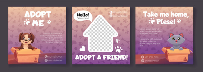 Set of Social media post templates with pet adoption promotion. Adopt me banner with cute dog, cat, space for photo and paw print patterns. Vector cartoon illustration for flyer design, web pages.