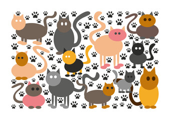Cute crazy cats. Different shapes and poses. Tracks. Funny and joke cats. Pattern or background. Card or post.