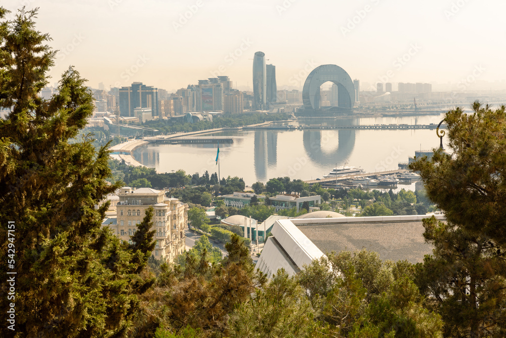 Wall mural panoramic sunset view of baku - the capital of republic of azerbaijan near caspian sea and of the ca