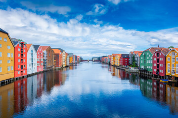 Beautiful view of the colorful wooden buildings of Trondheim Canal,  Norway