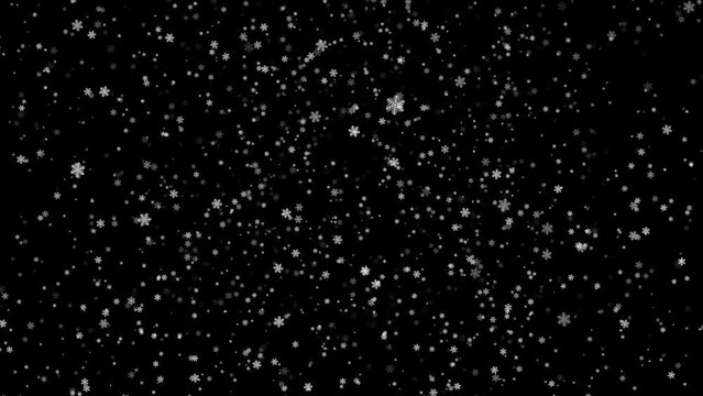 Snowfall from illustrated snowflakes on black background, 3d render