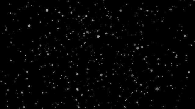 Snowfall from illustrated snowflakes on black background, 3d render