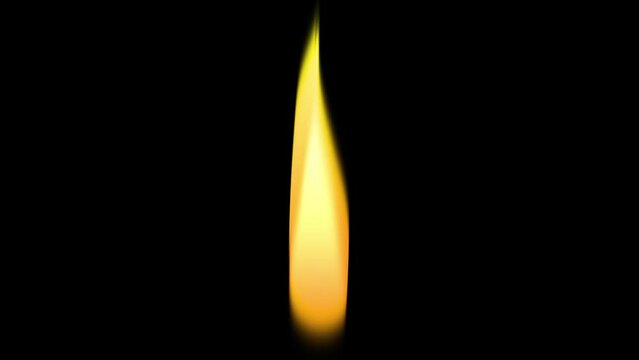 Realistic animation of a wax candle flame on a black background. The flame of a wooden match. Close-up. 3D rendering.