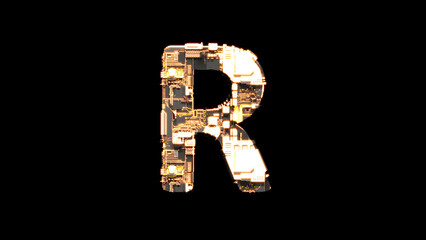 letter R, distressed black and yellow metal scrap cyberpunk font, isolated - object 3D illustration