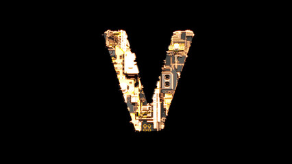 letter V, distressed black and yellow scrap metal cyber punk font, isolated - object 3D illustration