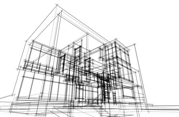 3d sketch of modern house architectural drawing