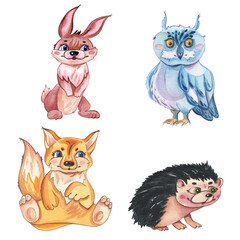 hedgehogs, hare, owl and fox are cute forest animals. Watercolor cartoon isolated on white background. Cute character. Hand drawn illustration. For postcards, children's things, printouts