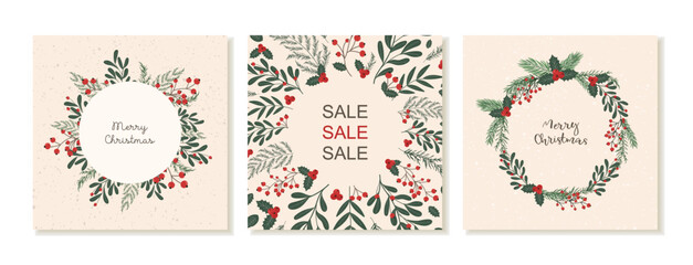 New Year's square post templates for social media. Christmas theme. Templates with winter plants, berries and branches. Vector