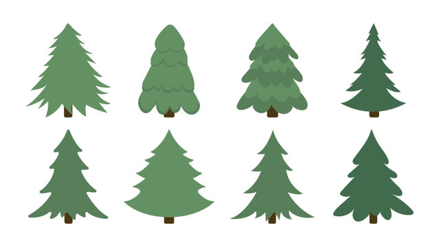 Set of Christmas trees of different simple shapes on white isolated background. New Year's theme. Vector