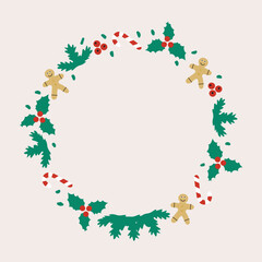 Cute Christmas winter wreath decoration ornament background on white, gingerbread man, mistletoe, candy
