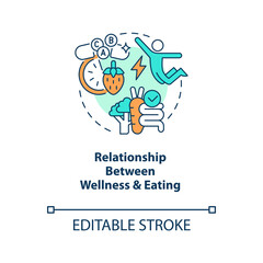 Relationship between wellness and healthy eating concept icon. Self health care abstract idea thin line illustration. Isolated outline drawing. Editable stroke. Arial, Myriad Pro-Bold fonts used