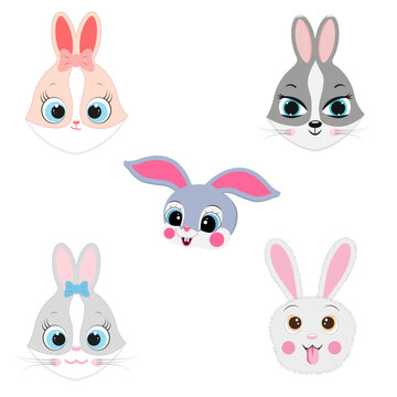Set of cute rabbit heads isolated on white. Vector illustration.