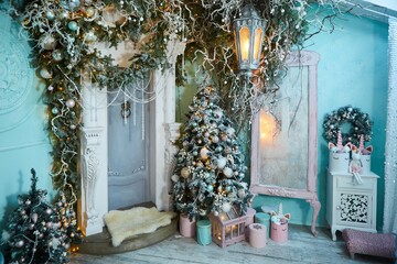 Room decorated for Christmas or new year. The interior of the room with a Christmas tree and decorations