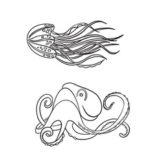 Underwater octopus cuttlefish, squid, devil . Beautiful drawings with patterns. For anti stress for adults and children coloring, emblems or tattoos