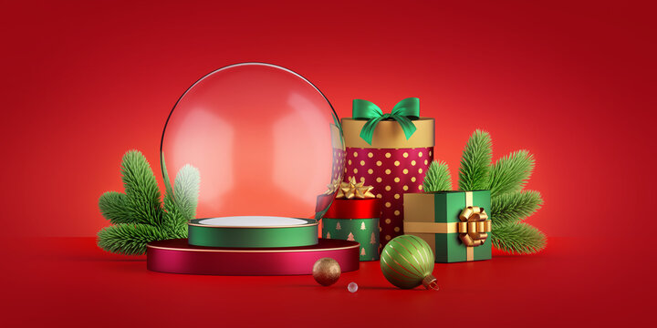 3d render, red background with Christmas ornaments, empty glass ball, wrapped gift boxes and green spruce twigs. Traditional holiday wallpaper