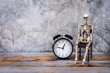 Human Skeleton sitting on a old chair with alarm clock with background and copy space. deadline concept or time and death.
