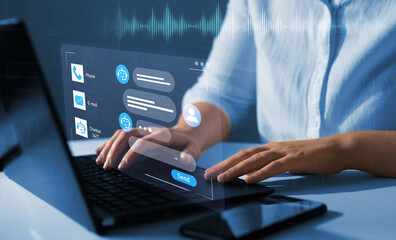 Chat bot service concept. Customer using online service with chat bot to get support. Virtual assistant and CRM software automation technology. 