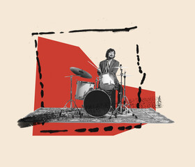 Modern creative artwork, design. Contemporary art collage of young man playing drums isolated over...