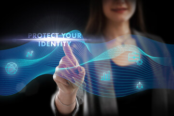 Business, Technology, Internet and network concept. Young businessman working on a virtual screen of the future and sees the inscription: Protect your identity