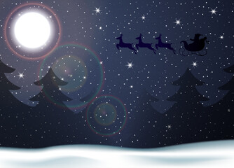 Christmas background winter forest with moon and Santa
