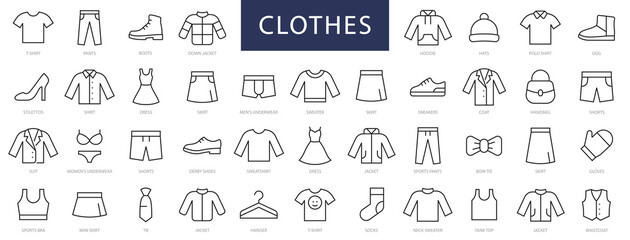 Clothes thin line icons set. Clothes editable stroke icons. Fashion icons. T-shirt, Pants, Jacket, Dress, Short, Shoe, Shirt symbols. Vector - 542952954