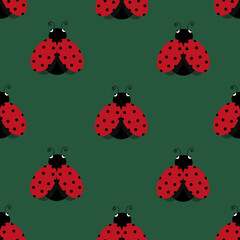 Seamless pattern with ladybugs on green background. Background with summer insects of red color. An insect with polka dots.