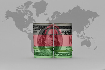 national flag of malawi on the dollar money banknote on the world map background .3d illustration