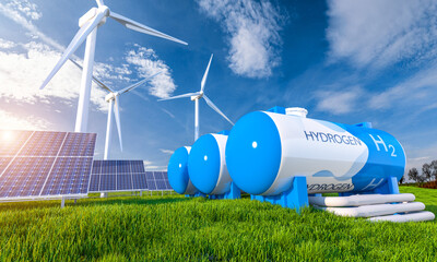 Green Hydrogen renewable energy production pipeline - green hydrogen gas for clean electricity solar and windturbine facility - obrazy, fototapety, plakaty
