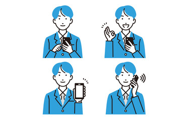 スマホを持った高校生の男の子セット