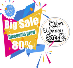 Cyber Monday sale website display with hang tags png promotion. Png of neon lights Cyber Monday sign with digital illuminated wave, particles and lens flare light effect.