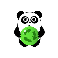 Cute cartoon panda  with eco banner and recykling sign. Funny character for your design. Green energy concept. Panda protect. Ecology problems, environmental protection