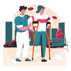 Disabled people scene concept. Handicapped woman walks on crutches, man helps her. Accessibility and rehabilitation invalid person people activities. Illustration of characters in flat design