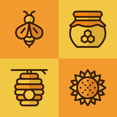 Four honey icons. Honey icons set. Bee set. Honey, bees, sunflower, beehive. Vector illustration