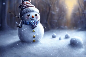 Obraz premium 3d Illustration of a winter forest with a cute happy snowman. Christmas snow background scene. 3d illustration for winter period with snow.