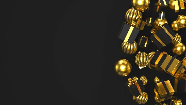 Happy New Year rotating golden baubles and gift boxes, Christmas and Black Friday decoration. Realistic 3d render loopable animation on black background