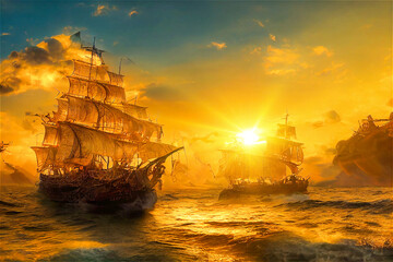 Obraz premium Pirate ships in the Caribbean