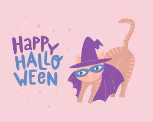 Halloween card with a cute cat dressed as a witch. Vector cute character. Design for greeting card, invitation, background. Halloween lettering.