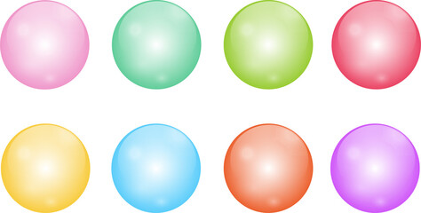 Flying transparent soap bubbles on checkered background. Realistic colored balls. Illustration