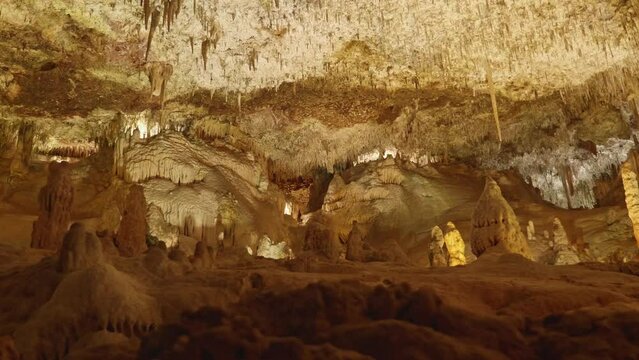 Cave in Porto Cristo, ancient stalactites and stalagmites formations.