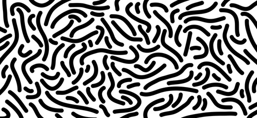 Cartoon black and white, colorful line pattern. Vector doodle seamless. Basic shape. Wavy organic rounded shapes. Abstract, ornament background. Retro memphis trendy desgin. Biological maze.